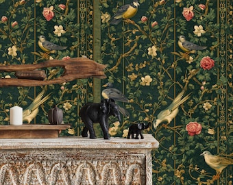 Dark Green Vintage Chinoiserie Wallpaper, Botanical Birds Wall Murals