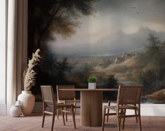 Vintage Foggy Landscape Wallpaper Mural: Serene Oil Paint, Peel and Stick