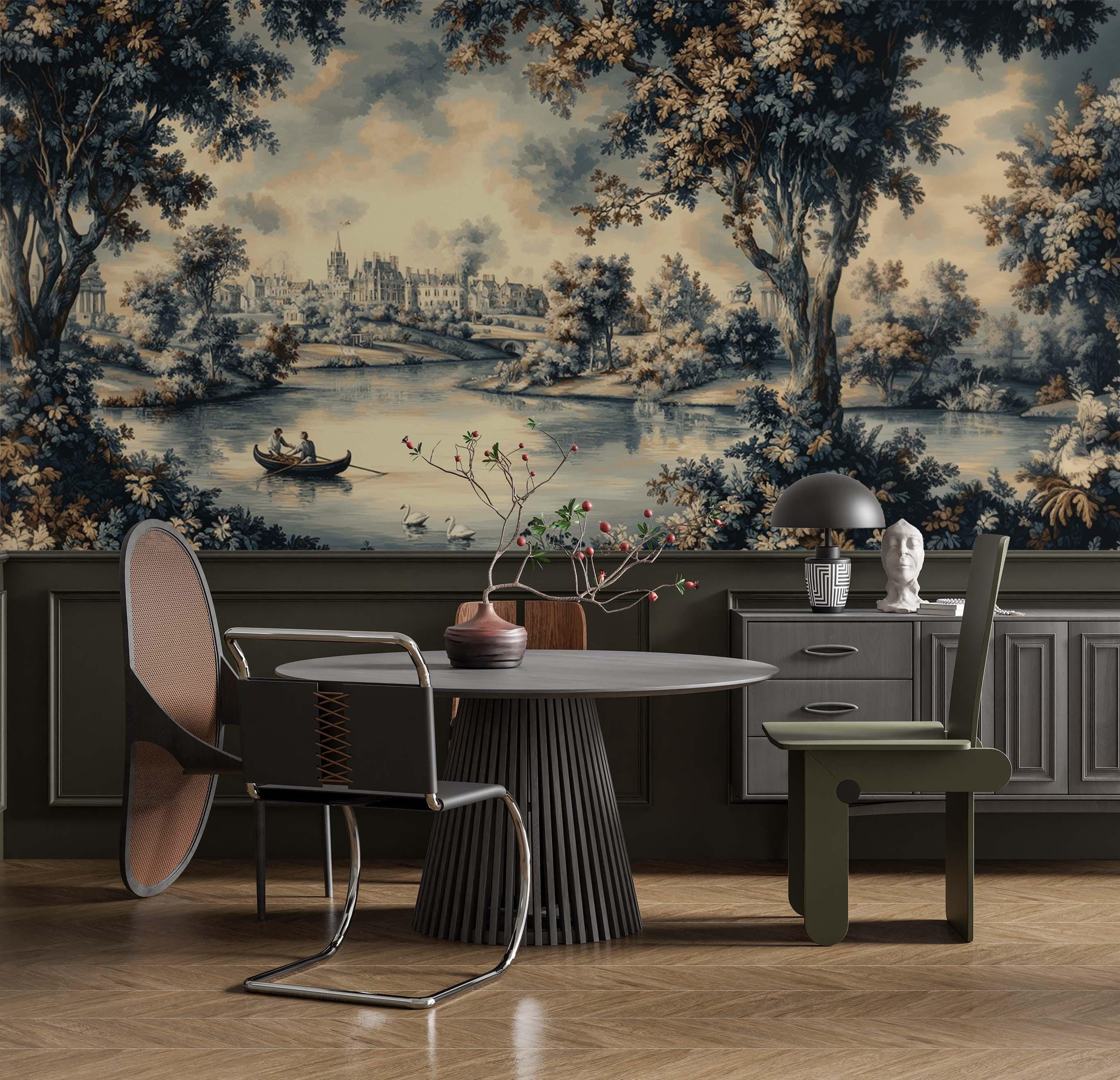 Vintage Moody Scenic Fishermen Villagers Lake Landscape Wallpapers, Dramatic Clouds & Secret Forest Wall Murals, Peel and Stick Wallpaper