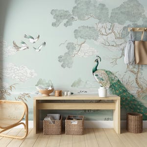 Carta da parati murale con paesaggio cinese con pavone verde vintage, carta da parati con uccelli e fiori cinesi, carta da parati cinese staccabile e adesiva