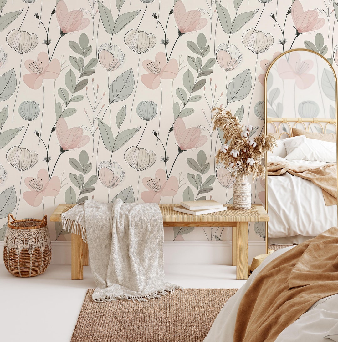 Floral Peel and Stick Wallpaper: Pastel Pink & Sage Green Wildflowers