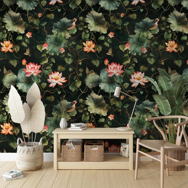 Papel pintado chinoiserie de loto verde oscuro: pájaros vintage, despegar y pegar