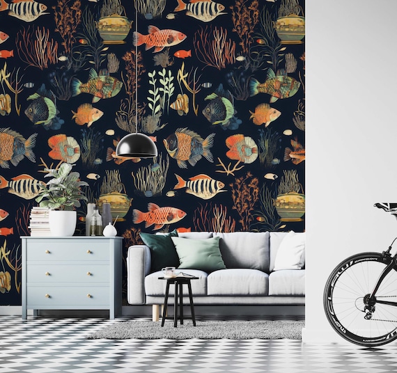 Vintage Absurd Exotic Fish Wallpaper, Dark Wall murals, Bathroom traditional Wallpaper, Nursery Wall Decor, Canvas, Vinyl Wallpaper