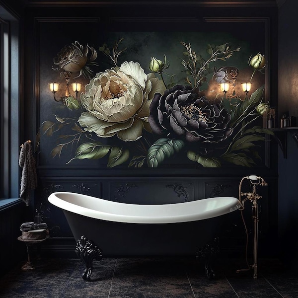 Dark Gothic Peony Floral Peel and Stick Wallpaper, Victorian Baroque Flowers Mural