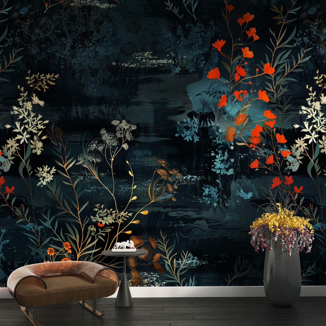 Dark Floral Wallpaper Mural: Modern Botanical Wall Decor - Etsy