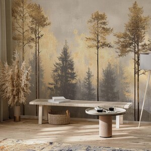 Misty Gold Beige Forest Landscape Wallpaper, Watercolor Effect Scenic