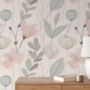 Floral Peel and Stick Wallpaper: Pastel Pink & Sage Green Wildflowers