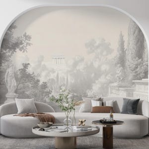 Carta da parati con giardino greco antico bianco e grigio - Murale murale con statua ad acquerello in toni neutri - Elegante decorazione murale monocromatica storica rimovibile