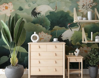 Vintage Green Chinoiserie Wallpaper Lotus, Crane, Asian Birds Wall Murals