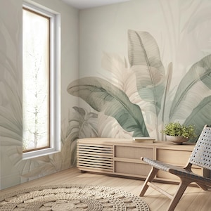 Carta da parati Boho Soft Green Tropical Leaf, murales da parete con grandi foglie botaniche ad acquerello, Monstera verde, carta da parati Green Garden staccabile e attaccabile