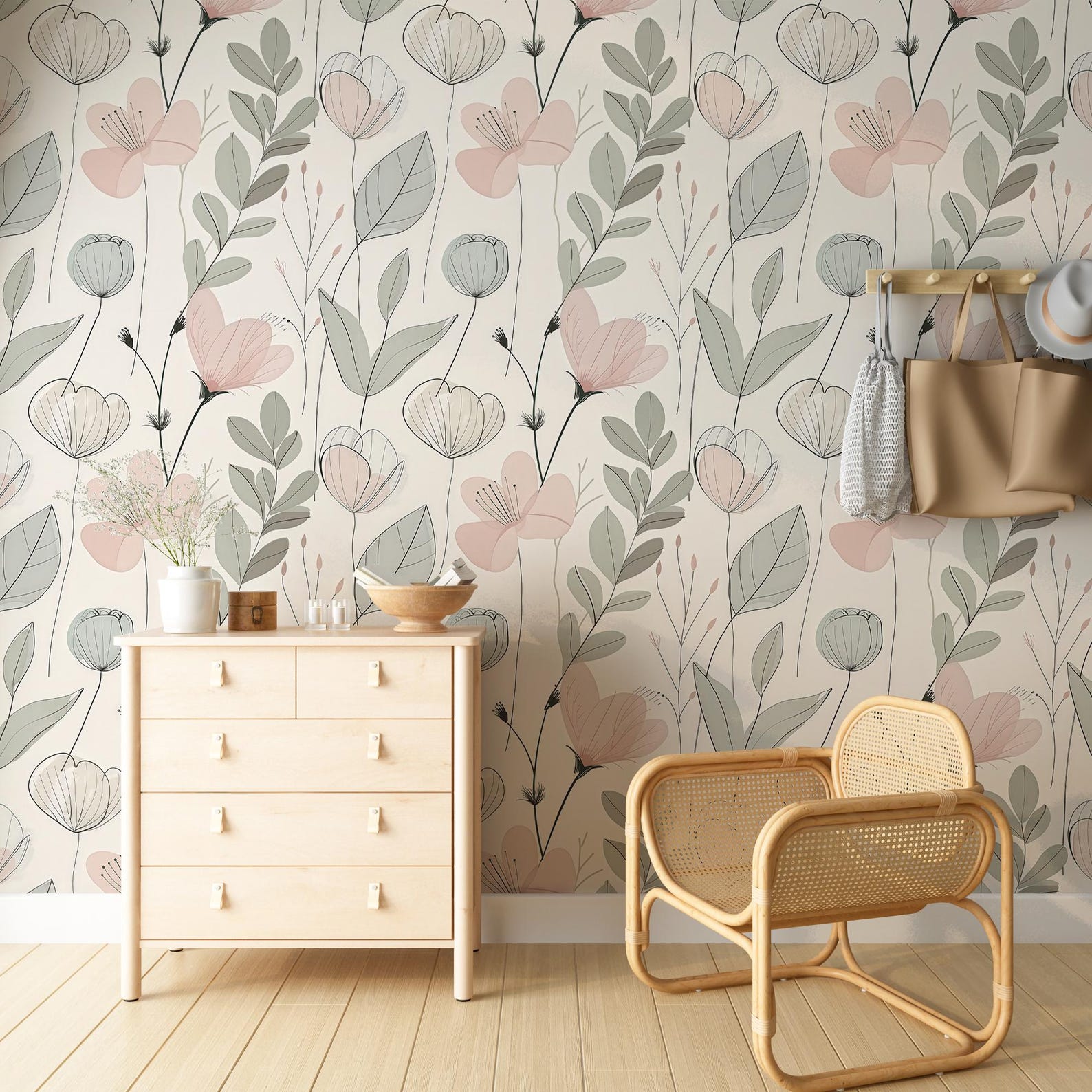 Floral Peel and Stick Wallpaper: Pastel Pink & Sage Green Wildflowers