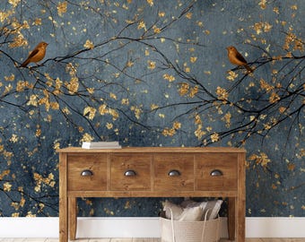 Dark Navy Gold Chinoiserie Birds Wallpaper, Autumn Leaves Wall Murals