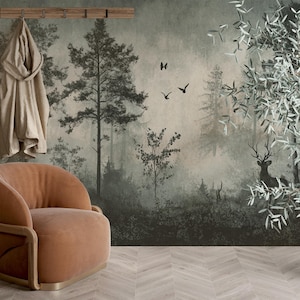 Scandinavian Foggy Forest Landscape, Mysterious Nature Rustic Tree Wallpaper Mural, Peel and Stick, Vinyl, Canvas Wallpaper