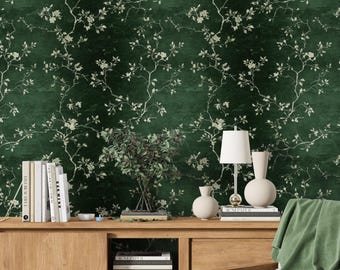 Dark Green Chinoiserie Wallpaper: Ivy Floral Peel and Stick Wall Mural
