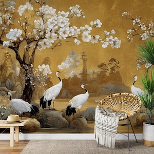 Papel de parede com guindaste asiático e flor de cerejeira: paisagem de açafrão, removível e removível
