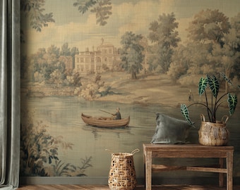 May include: A vintage-style tapestry wallpaper depicting a lake scene with a small boat and a large house in the background. The wallpaper is displayed in a room with a wooden bench, a woven basket, and a potted plant.