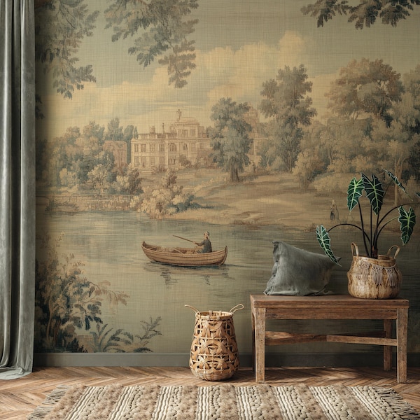 Vintage English River Landscape Wallpaper Mural: Removable Baroque Wall Covering