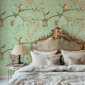 Green Chinoiserie Wallpaper Mural: Vintage English Style Flowers, Peel and Stick