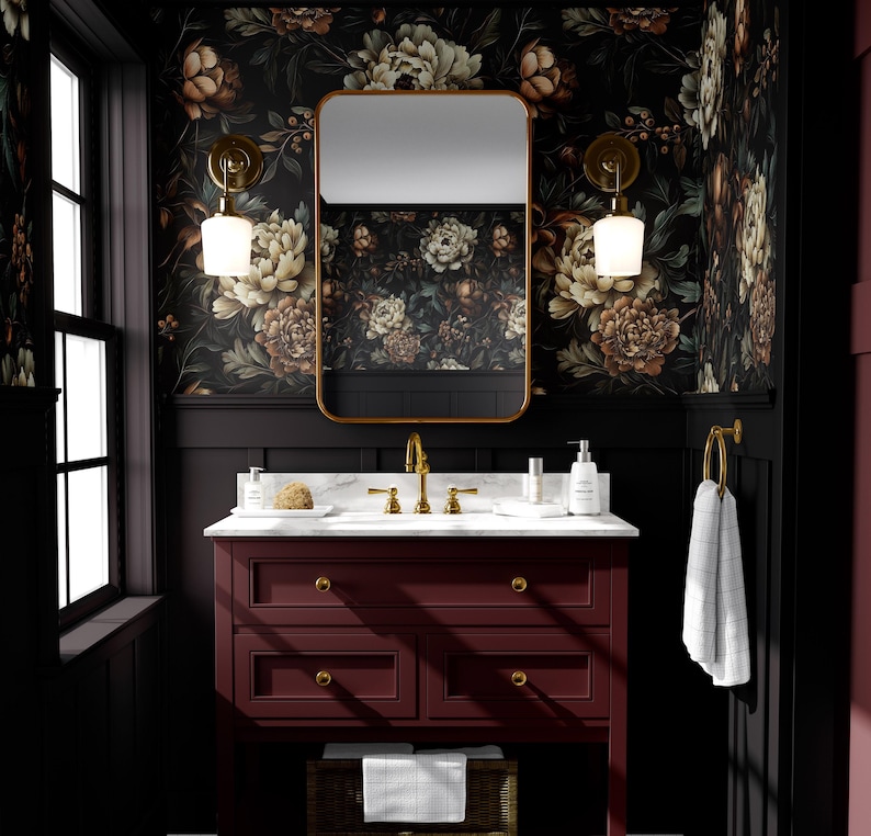Dark Beige Peony Floral Wall Mural, Victorian Darkness Flowers peel and ...