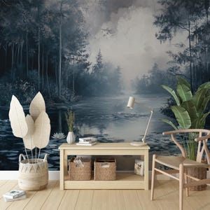 Carta da parati murale con paesaggio del lago della foresta blu navy scuro, murale con paesaggio dipinto a olio, carta da parati staccabile e rimovibile