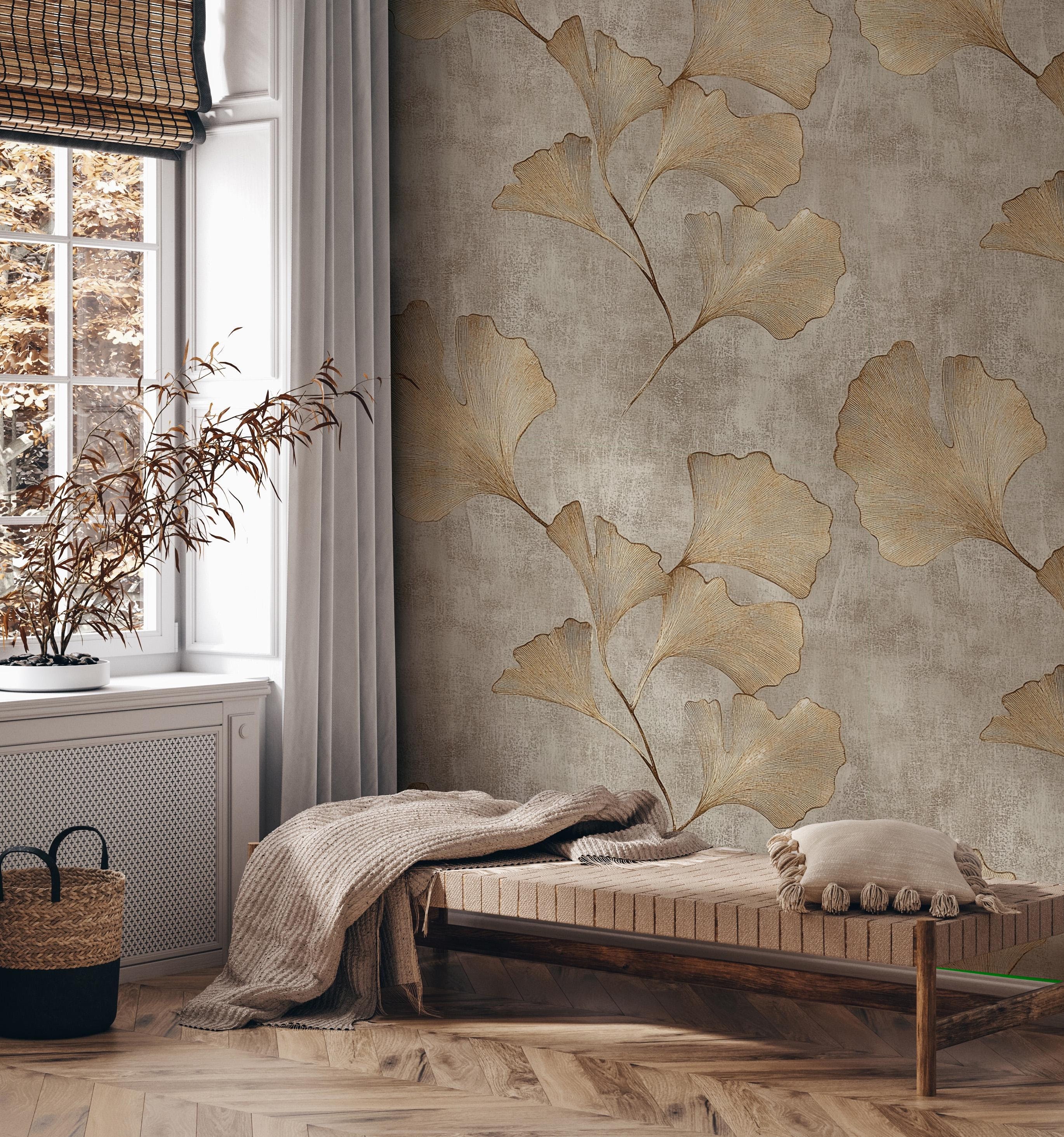 Boho Beige Floral Wallpaper Mural: Gold Leaf Effect, Removable Wallpaper