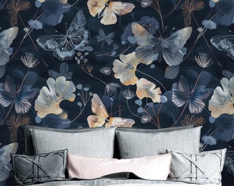 Navy Butterfly Wallpaper: Floral Removable Wall Mural