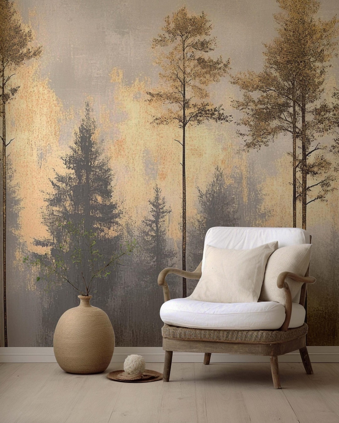 Misty Gold Beige Forest Landscape Wallpaper, Watercolor Effect Scenic