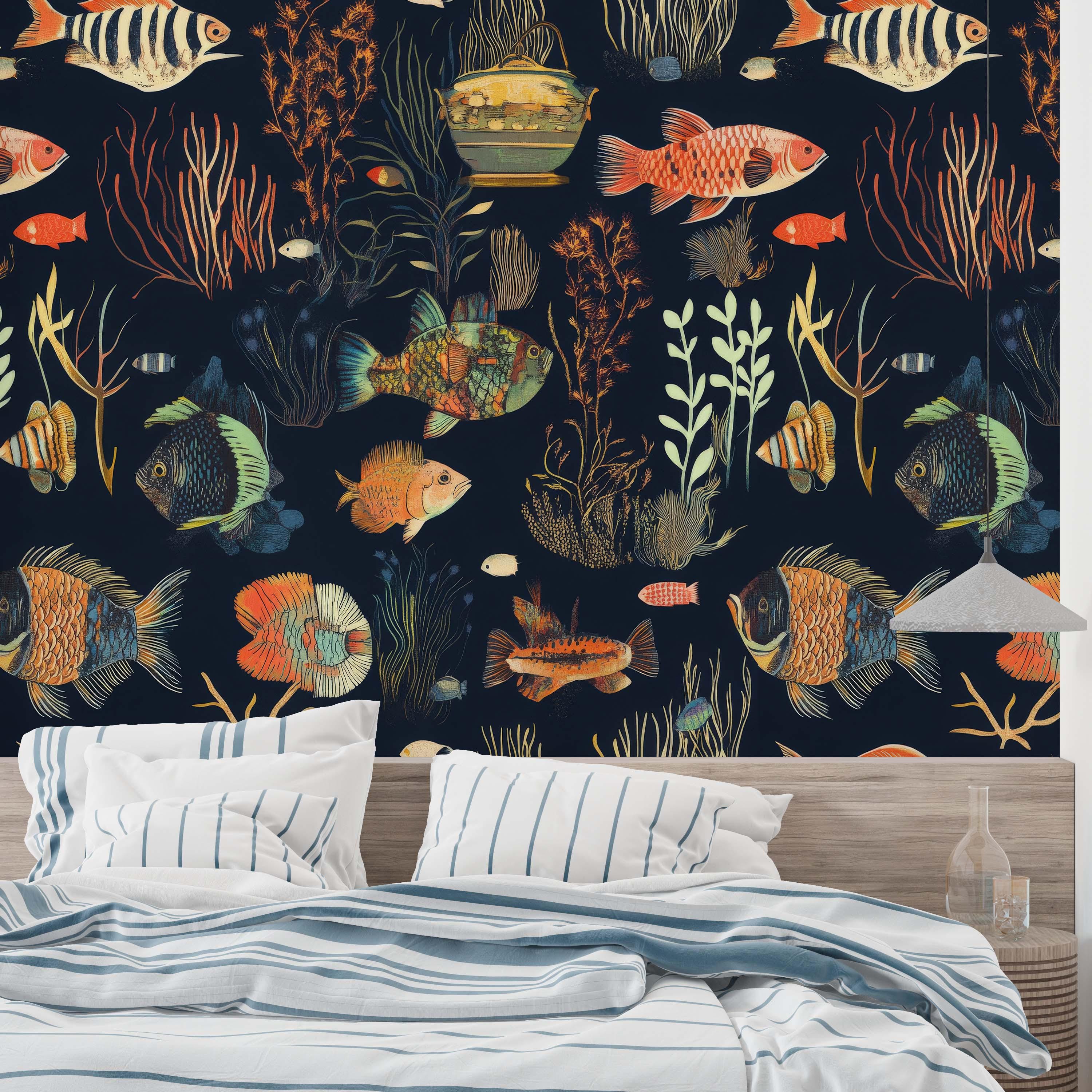 Vintage Exotic Fish Wallpaper: Dark Nursery Wall Mural