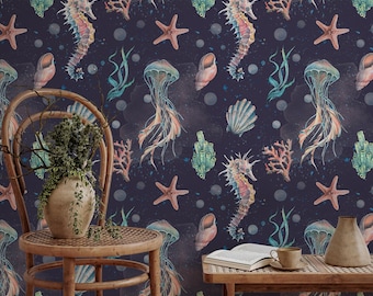 Dark Navy Sea Horse, Under Water Animal, Jellyfish Seashell Wallpaper, Bathroom for Wall Murals, Starfish Wallpaper Peel and Stick Decor