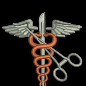 May include: Medical emblem featuring a staff with a serpent entwined, wings, and surgical scissors. The serpent is orange, the wings and scissors are silver, and the background is black.