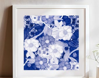 Motivo floreale blu quadrato stampabile da parete: stampa artistica originale con illustrazione di fiori blu (download digitale)