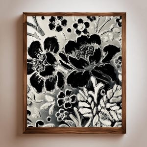 Druckbare Blumenmuster-Wandkunst, moderner Pop-Art-Druck, erhabene silberne und schwarze Schablonenkunst, metallisches digitales Kunst-Download-Plakat, modernes Dekor