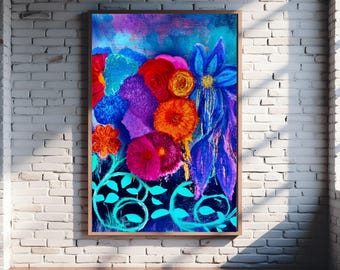 Può includere: Un dipinto floreale incorniciato con colori vivaci. L'opera presenta una varietà di fiori nelle tonalità del rosso, arancione, viola e blu, su uno sfondo blu scuro. Il dipinto è in una cornice di legno e appeso a un muro di mattoni bianchi.