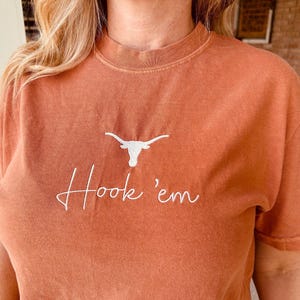 Hook ‘Em Embroidered T-Shirt | College Football Shirt | Game Day Shirt | UT Austin Shirt | Austin Texas Shirt | Texas Longhorns Shirt