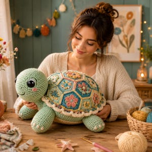 Op de afbeelding: Een grote, lichtgroene gehaakte schildpad met een schild bestaande uit veelkleurige bloemvormige granny squares in tinten roze, blauw, geel en crème. De schildpad heeft grote zwarte ogen, een glimlachende mond en een geschulpte witte rand.
