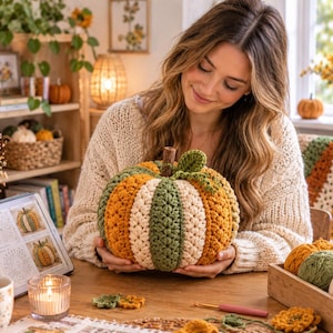 May include: A round, crocheted pumpkin featuring vertical segments in alternating colours of mustard yellow, olive green, and cream. The pumpkin has a textured, stitch-based surface and a small, brown, cylindrical stem attached to the top centre.