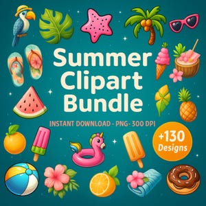 Pacchetto Clipart Estivo, +130 Grafiche, Grafiche per Vacanze Estive, Clip Art per Feste e Vacanze al Mare, Download Istantaneo