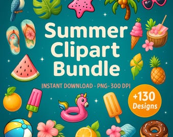 Summer Clipart Bundle, +130 Graphics, Summer Vacation Graphics, Ocean Holiday & Party Clip Art, Instant Download