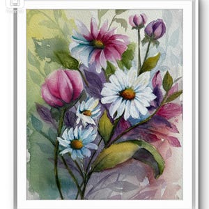 Original watercolor loose floral with spring bouquet daisy and delicate blossoms.Painted with vibrant pinks and whites,greens Accent-Floral