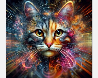 May include: A vibrant, digitally enhanced portrait of a cat with striking yellow-green eyes. The cat's fur is a mix of brown, orange, and gray, with intricate patterns. The background features a colorful, swirling design with shades of blue, orange, and pink.