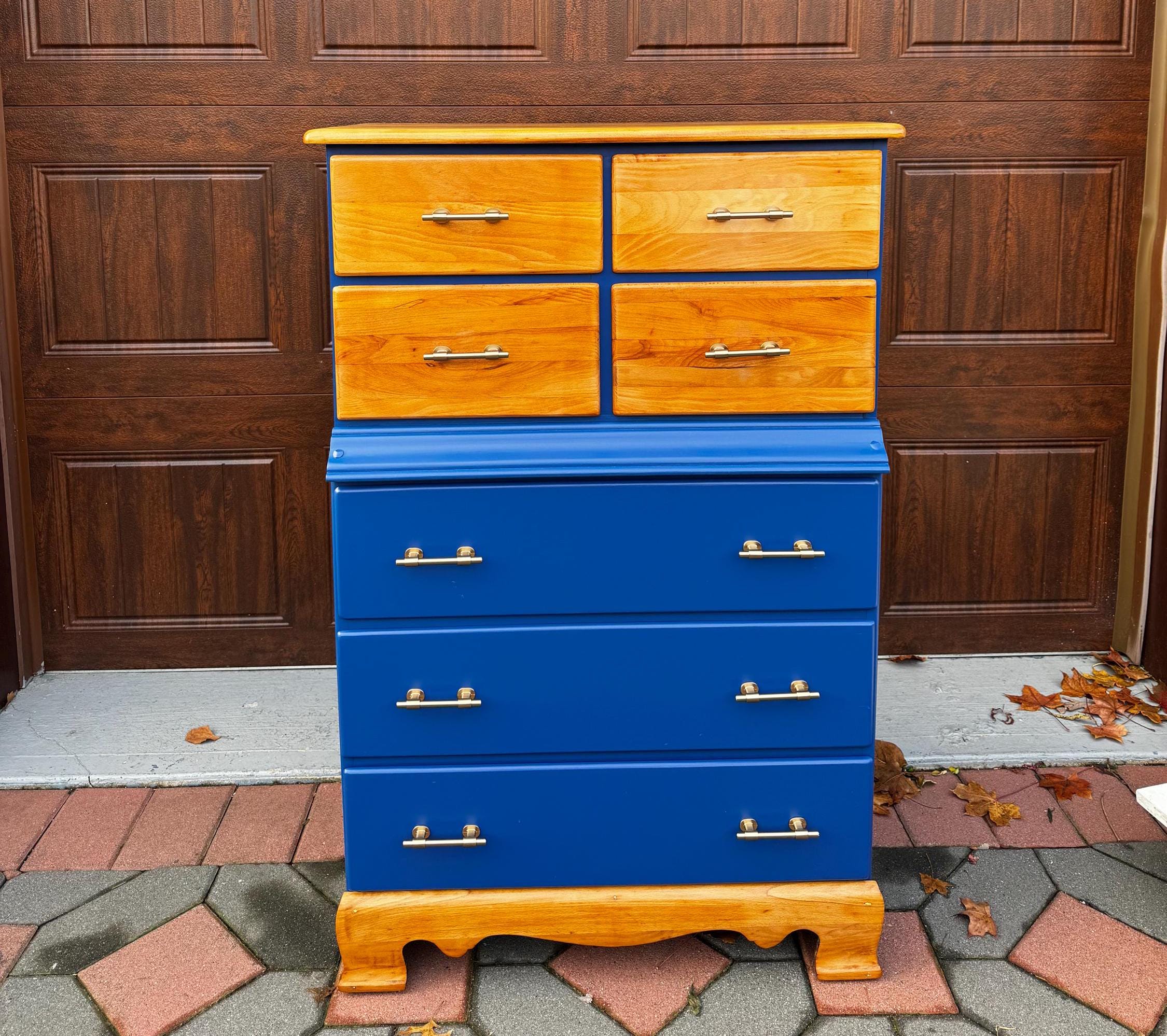 cobalt blue dresser Refurbished Tallboy Dresser: Champagne Brass Hardware Gateshead Color:Azure Blue Orange Birthday Dress Glam Sanded and stained 5