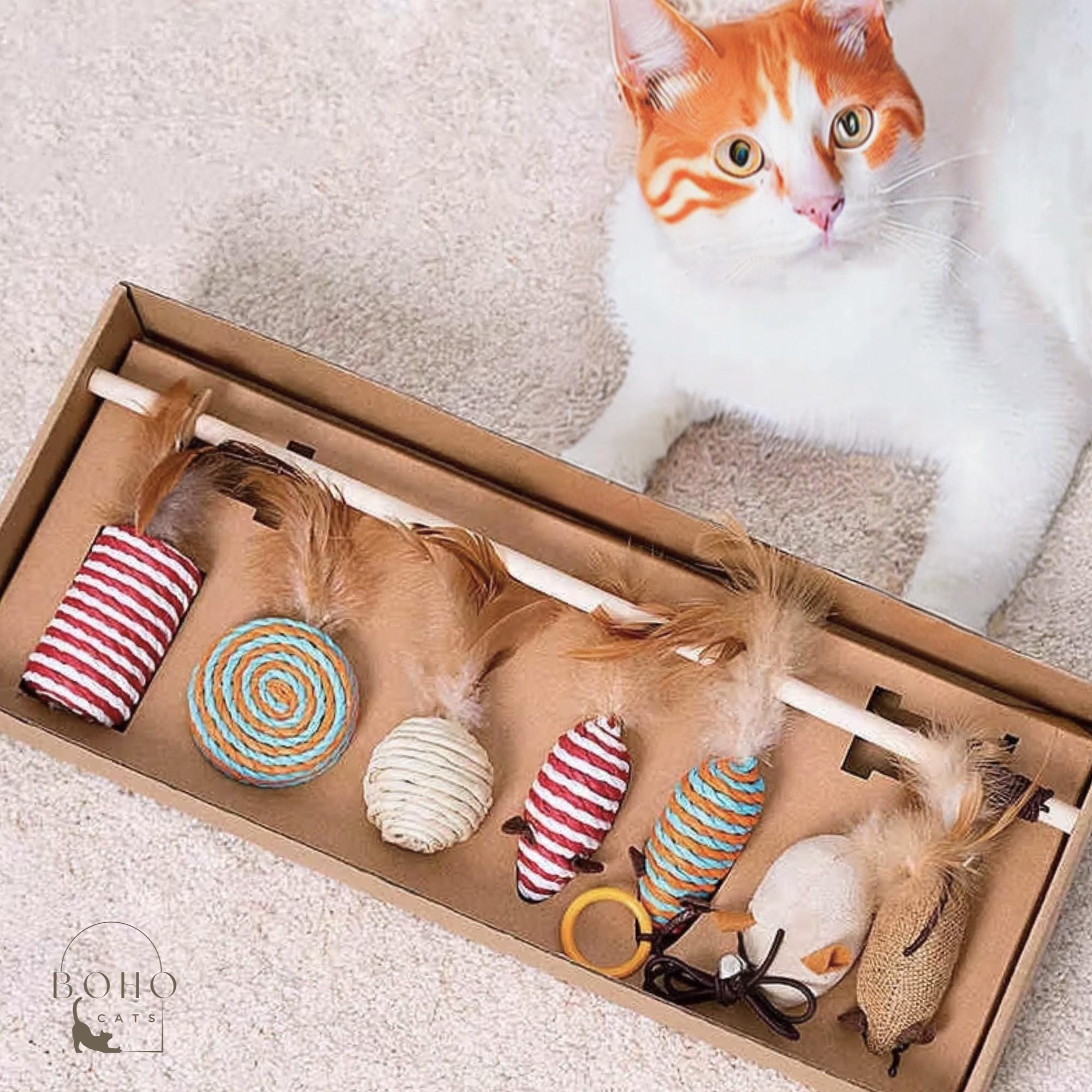 3er Set Katzenangel Mit Sisal-Spielzeug – Mit Maus, Kürbis & Fisch, Feder & Glocke | Natürliche Holzstange