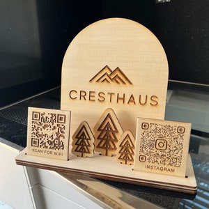 Custom wood QR code sign. For airbnb, business, wifi, social media website. Wood Display