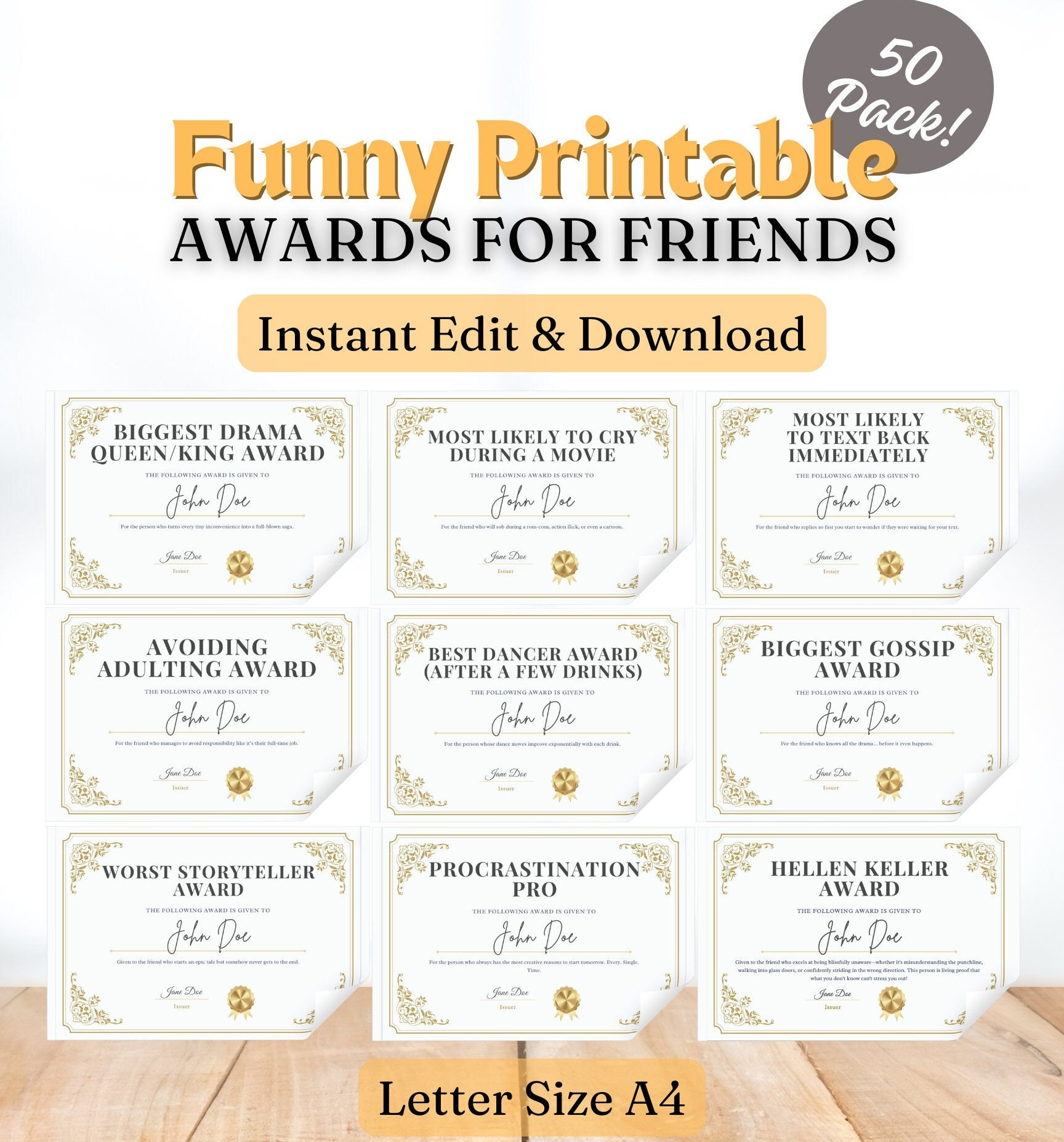 50 Funny Printable Awards for Friends | Funny Work Awards | Hilarious ...