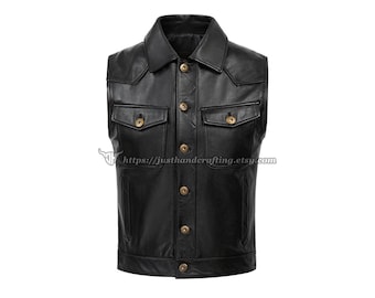 Handmade Black Cow Leather Vest for Men – Front Snap Biker Waistcoat | JustHandcrafting