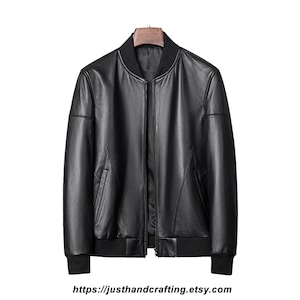 Blouson en cuir de mouton noir 100 % véritable pour homme | Veste slim en cuir de mouton véritable | Fermeture éclair sur le devant | Cadeau pour lui | Streetwear élégant