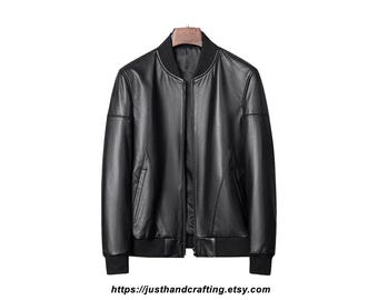 Men's Black Sheepskin Leather Bomber Jacket | Slim Fit Streetwear
