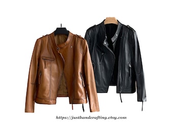 Women Leather Jacket 100% real sheepskin jacket handmade leather biker jacket for women soft warm lightweight durable sheep leather jacket