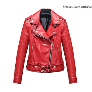 Blouson motard pour femme en cuir de mouton rouge - Durable, confortable et élégant avec ceinture réglable et accessoires en métal robustes