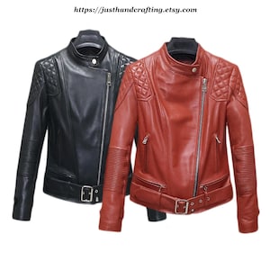 Blouson motard femme 100 % cuir de mouton original - Cuir véritable, construction durable et coupe confortable avec ceinture réglable